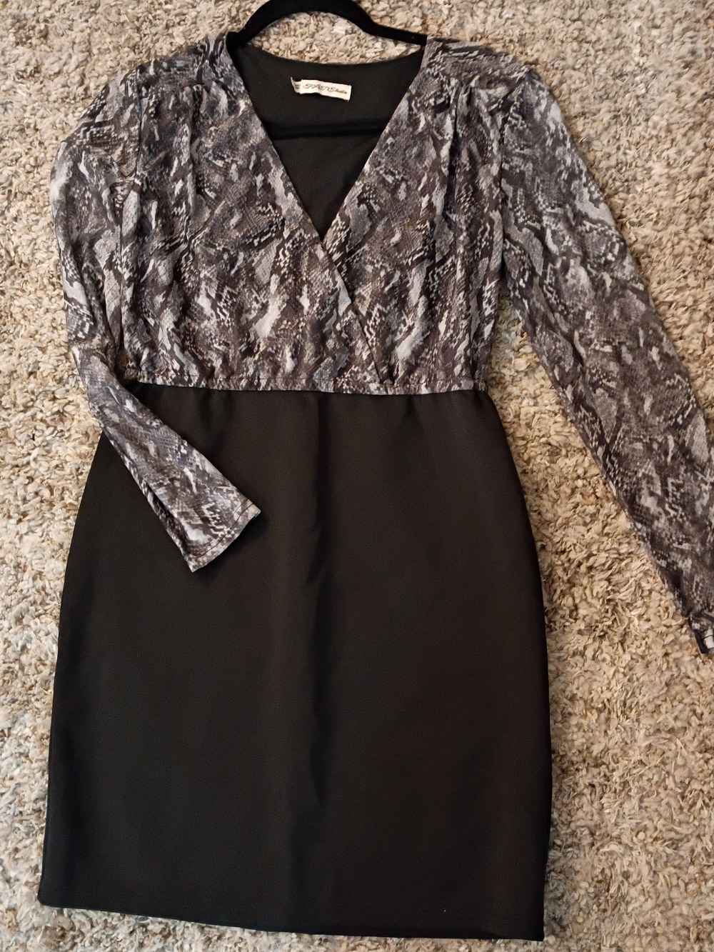 Snake-Print V-Neck Midi Dress in Black and Gray